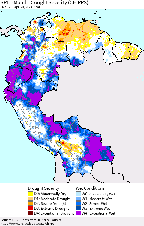 Northern South America SPI 1-Month Drought Severity (CHIRPS) Thematic Map For 3/21/2023 - 4/20/2023