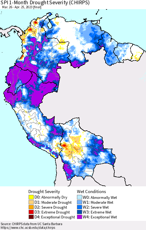 Northern South America SPI 1-Month Drought Severity (CHIRPS) Thematic Map For 3/26/2023 - 4/25/2023