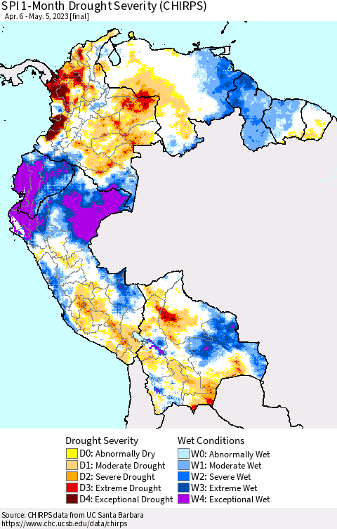Northern South America SPI 1-Month Drought Severity (CHIRPS) Thematic Map For 4/6/2023 - 5/5/2023