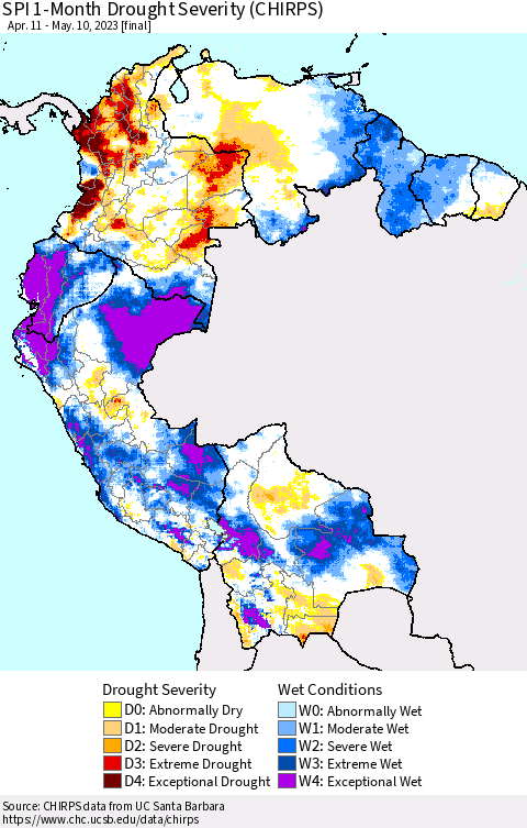 Northern South America SPI 1-Month Drought Severity (CHIRPS) Thematic Map For 4/11/2023 - 5/10/2023