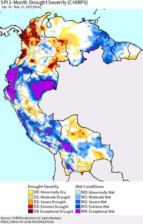 Northern South America SPI 1-Month Drought Severity (CHIRPS) Thematic Map For 4/16/2023 - 5/15/2023