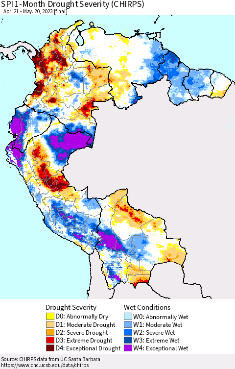 Northern South America SPI 1-Month Drought Severity (CHIRPS) Thematic Map For 4/21/2023 - 5/20/2023