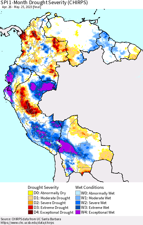 Northern South America SPI 1-Month Drought Severity (CHIRPS) Thematic Map For 4/26/2023 - 5/25/2023