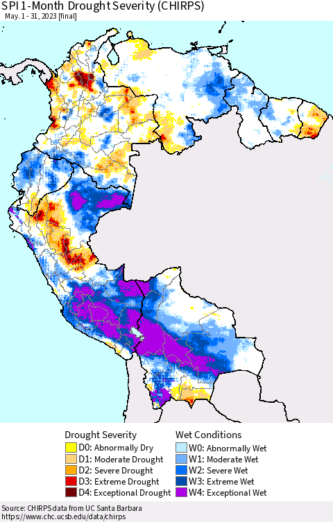 Northern South America SPI 1-Month Drought Severity (CHIRPS) Thematic Map For 5/1/2023 - 5/31/2023