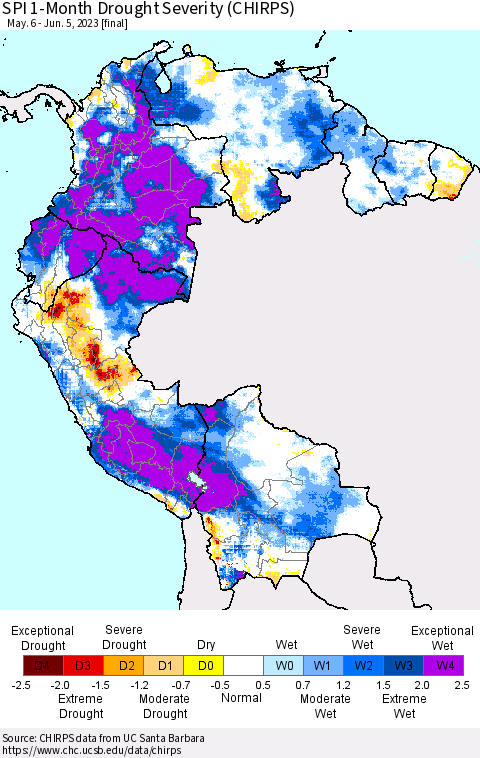 Northern South America SPI 1-Month Drought Severity (CHIRPS) Thematic Map For 5/6/2023 - 6/5/2023