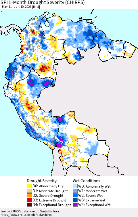 Northern South America SPI 1-Month Drought Severity (CHIRPS) Thematic Map For 5/11/2023 - 6/10/2023