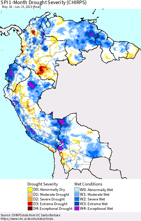 Northern South America SPI 1-Month Drought Severity (CHIRPS) Thematic Map For 5/16/2023 - 6/15/2023
