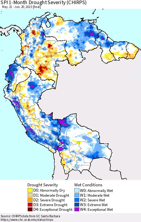 Northern South America SPI 1-Month Drought Severity (CHIRPS) Thematic Map For 5/21/2023 - 6/20/2023