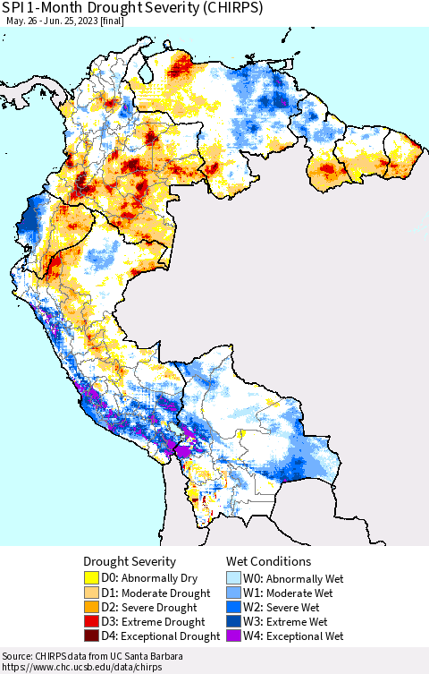 Northern South America SPI 1-Month Drought Severity (CHIRPS) Thematic Map For 5/26/2023 - 6/25/2023