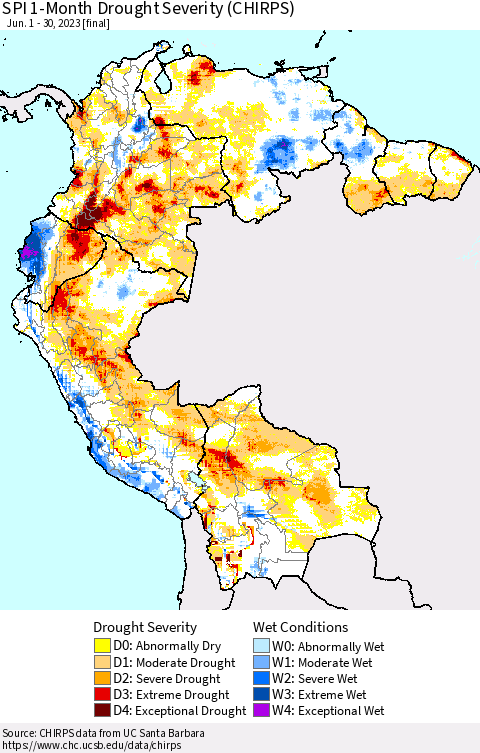 Northern South America SPI 1-Month Drought Severity (CHIRPS) Thematic Map For 6/1/2023 - 6/30/2023