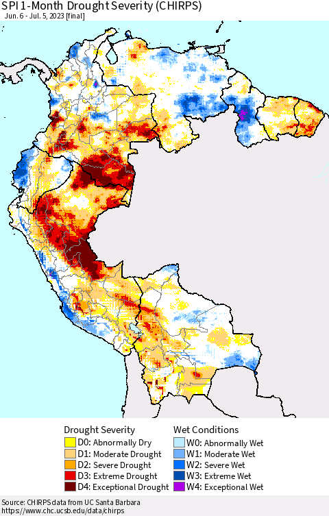 Northern South America SPI 1-Month Drought Severity (CHIRPS) Thematic Map For 6/6/2023 - 7/5/2023