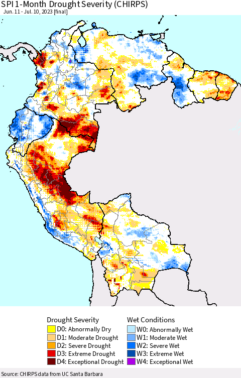 Northern South America SPI 1-Month Drought Severity (CHIRPS) Thematic Map For 6/11/2023 - 7/10/2023