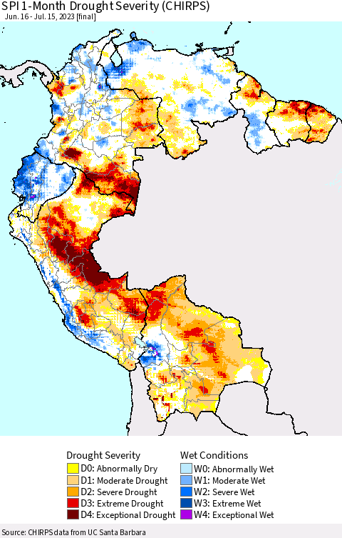 Northern South America SPI 1-Month Drought Severity (CHIRPS) Thematic Map For 6/16/2023 - 7/15/2023