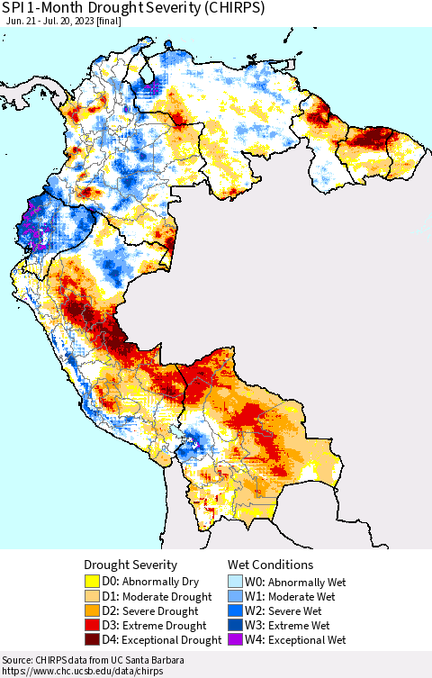 Northern South America SPI 1-Month Drought Severity (CHIRPS) Thematic Map For 6/21/2023 - 7/20/2023