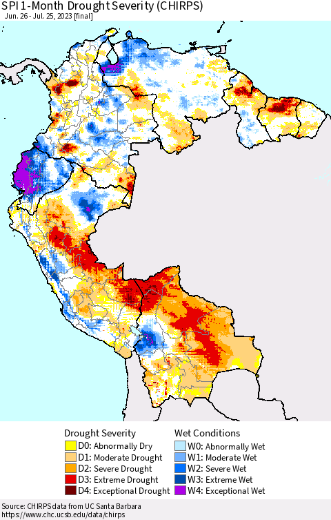 Northern South America SPI 1-Month Drought Severity (CHIRPS) Thematic Map For 6/26/2023 - 7/25/2023