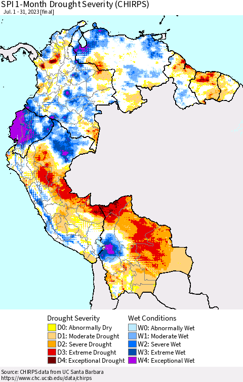 Northern South America SPI 1-Month Drought Severity (CHIRPS) Thematic Map For 7/1/2023 - 7/31/2023