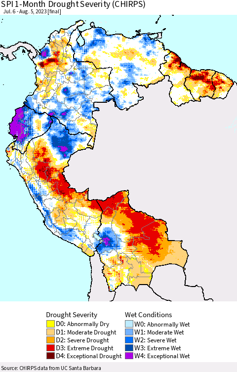 Northern South America SPI 1-Month Drought Severity (CHIRPS) Thematic Map For 7/6/2023 - 8/5/2023