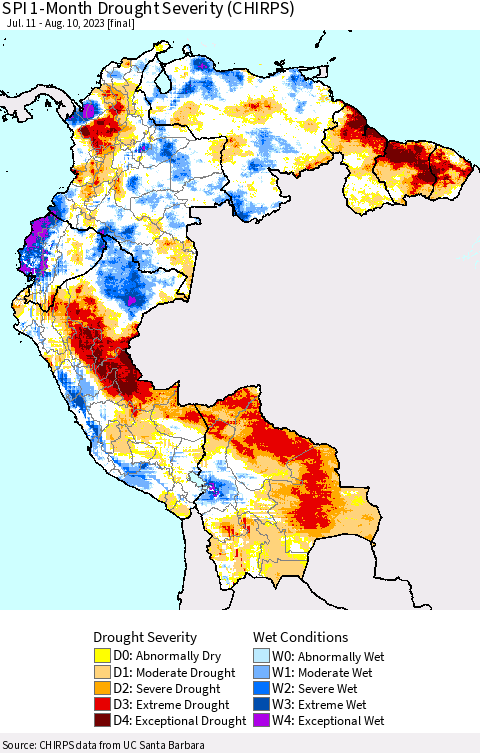 Northern South America SPI 1-Month Drought Severity (CHIRPS) Thematic Map For 7/11/2023 - 8/10/2023