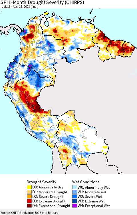Northern South America SPI 1-Month Drought Severity (CHIRPS) Thematic Map For 7/16/2023 - 8/15/2023