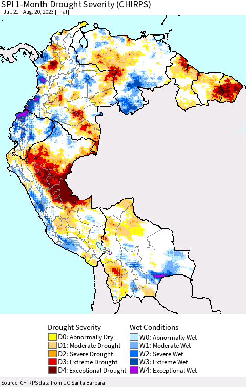 Northern South America SPI 1-Month Drought Severity (CHIRPS) Thematic Map For 7/21/2023 - 8/20/2023