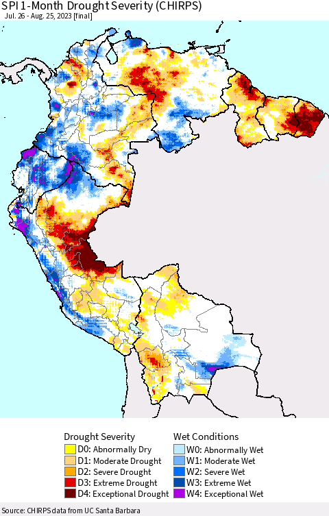 Northern South America SPI 1-Month Drought Severity (CHIRPS) Thematic Map For 7/26/2023 - 8/25/2023