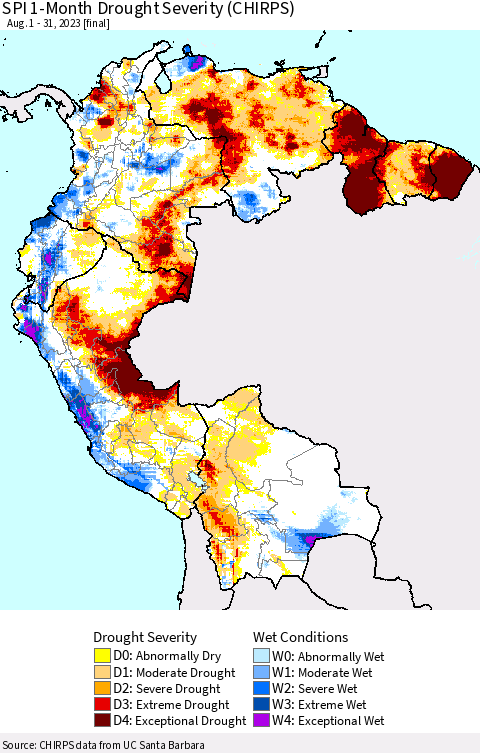 Northern South America SPI 1-Month Drought Severity (CHIRPS) Thematic Map For 8/1/2023 - 8/31/2023
