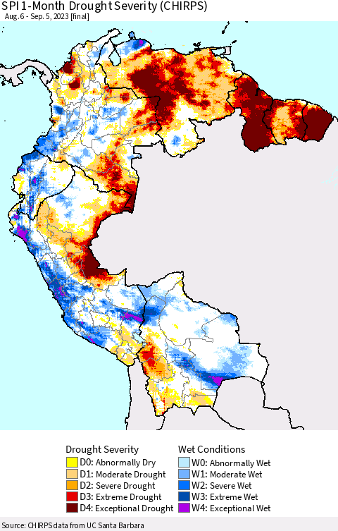 Northern South America SPI 1-Month Drought Severity (CHIRPS) Thematic Map For 8/6/2023 - 9/5/2023