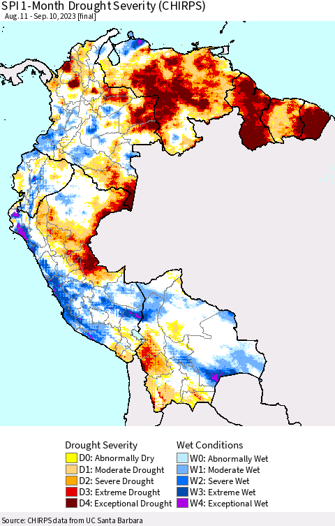 Northern South America SPI 1-Month Drought Severity (CHIRPS) Thematic Map For 8/11/2023 - 9/10/2023