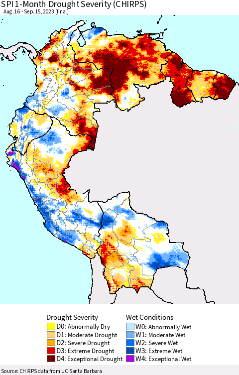 Northern South America SPI 1-Month Drought Severity (CHIRPS) Thematic Map For 8/16/2023 - 9/15/2023