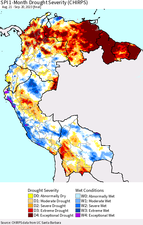Northern South America SPI 1-Month Drought Severity (CHIRPS) Thematic Map For 8/21/2023 - 9/20/2023