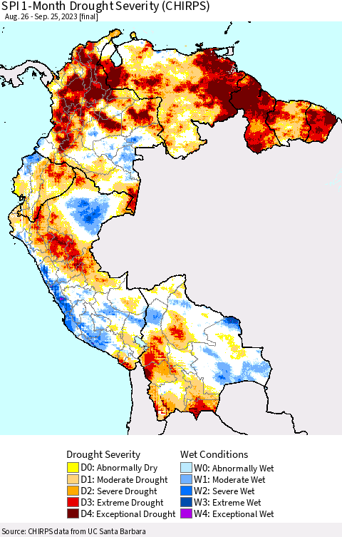 Northern South America SPI 1-Month Drought Severity (CHIRPS) Thematic Map For 8/26/2023 - 9/25/2023