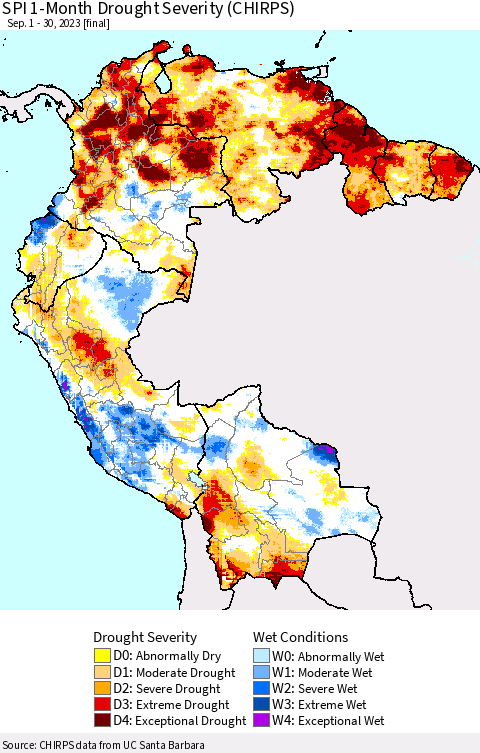 Northern South America SPI 1-Month Drought Severity (CHIRPS) Thematic Map For 9/1/2023 - 9/30/2023