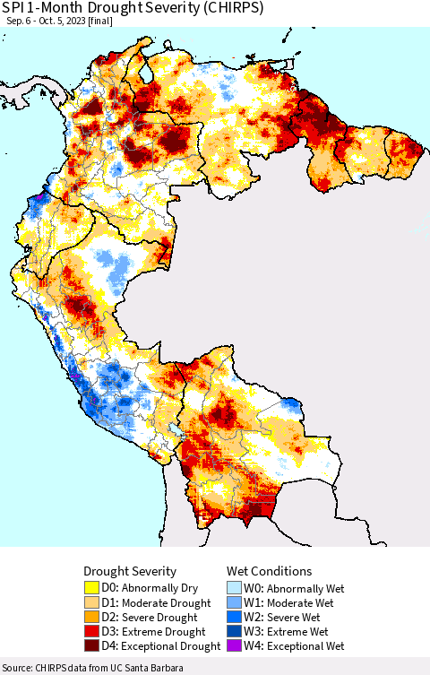Northern South America SPI 1-Month Drought Severity (CHIRPS) Thematic Map For 9/6/2023 - 10/5/2023