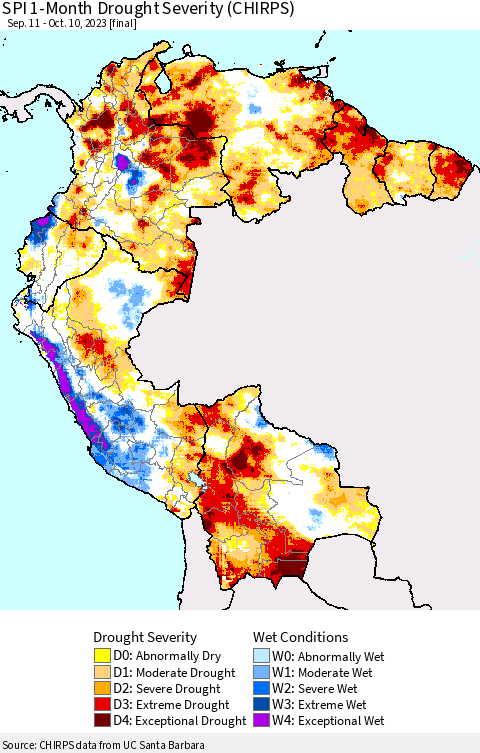 Northern South America SPI 1-Month Drought Severity (CHIRPS) Thematic Map For 9/11/2023 - 10/10/2023