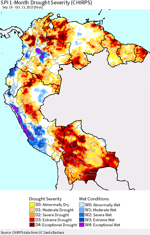 Northern South America SPI 1-Month Drought Severity (CHIRPS) Thematic Map For 9/16/2023 - 10/15/2023
