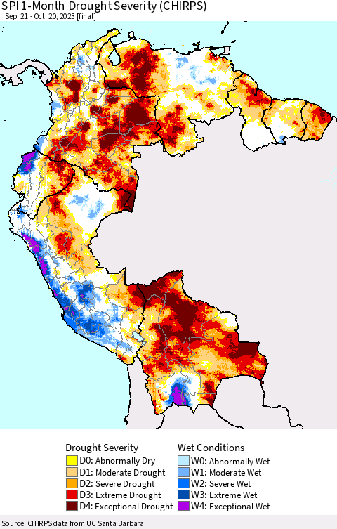 Northern South America SPI 1-Month Drought Severity (CHIRPS) Thematic Map For 9/21/2023 - 10/20/2023