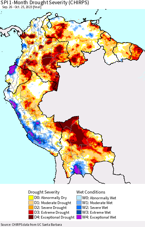 Northern South America SPI 1-Month Drought Severity (CHIRPS) Thematic Map For 9/26/2023 - 10/25/2023