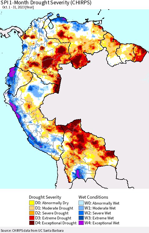 Northern South America SPI 1-Month Drought Severity (CHIRPS) Thematic Map For 10/1/2023 - 10/31/2023