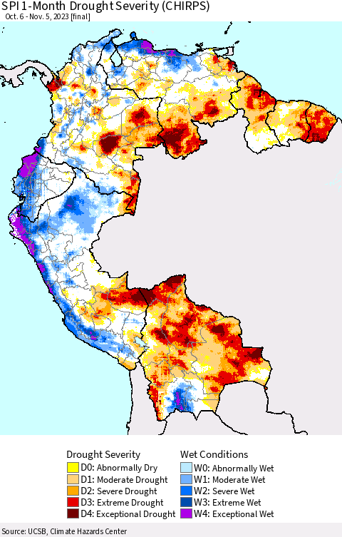 Northern South America SPI 1-Month Drought Severity (CHIRPS) Thematic Map For 10/6/2023 - 11/5/2023