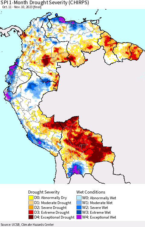 Northern South America SPI 1-Month Drought Severity (CHIRPS) Thematic Map For 10/11/2023 - 11/10/2023