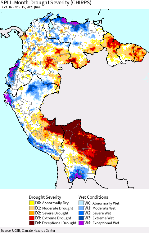Northern South America SPI 1-Month Drought Severity (CHIRPS) Thematic Map For 10/16/2023 - 11/15/2023