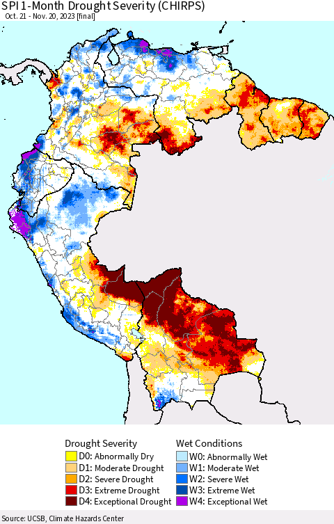 Northern South America SPI 1-Month Drought Severity (CHIRPS) Thematic Map For 10/21/2023 - 11/20/2023