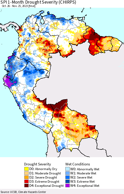Northern South America SPI 1-Month Drought Severity (CHIRPS) Thematic Map For 10/26/2023 - 11/25/2023