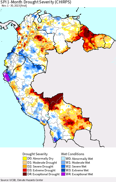 Northern South America SPI 1-Month Drought Severity (CHIRPS) Thematic Map For 11/1/2023 - 11/30/2023