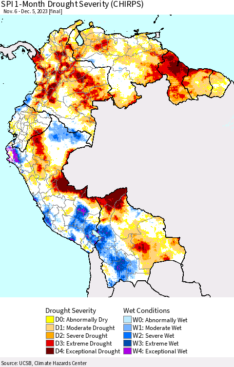 Northern South America SPI 1-Month Drought Severity (CHIRPS) Thematic Map For 11/6/2023 - 12/5/2023