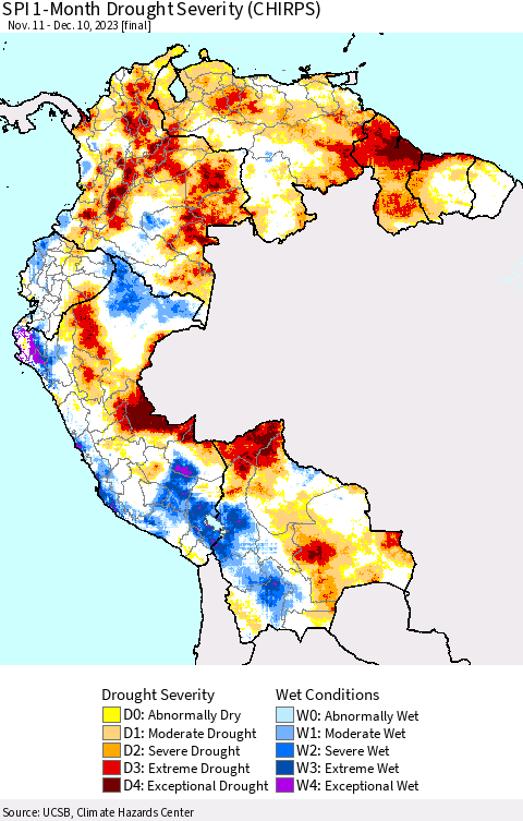 Northern South America SPI 1-Month Drought Severity (CHIRPS) Thematic Map For 11/11/2023 - 12/10/2023