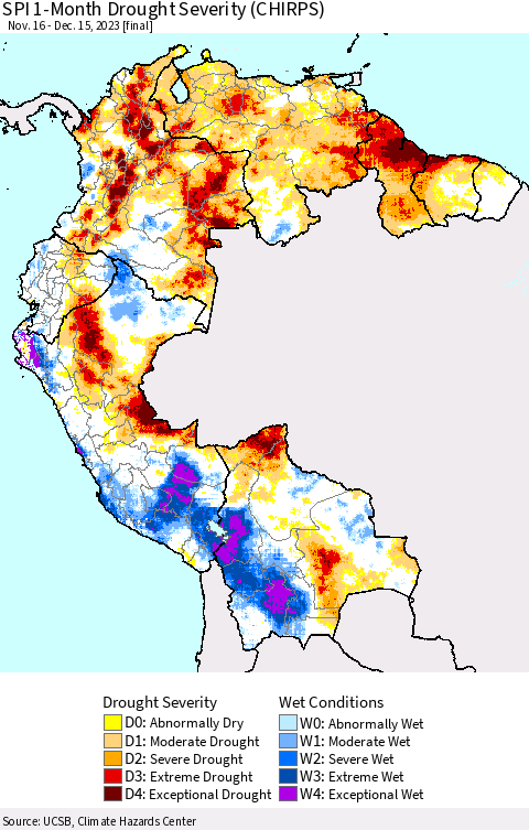 Northern South America SPI 1-Month Drought Severity (CHIRPS) Thematic Map For 11/16/2023 - 12/15/2023