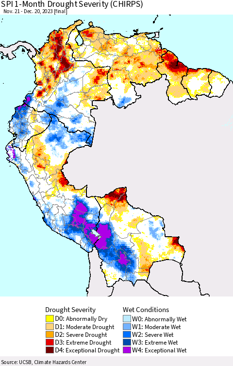 Northern South America SPI 1-Month Drought Severity (CHIRPS) Thematic Map For 11/21/2023 - 12/20/2023