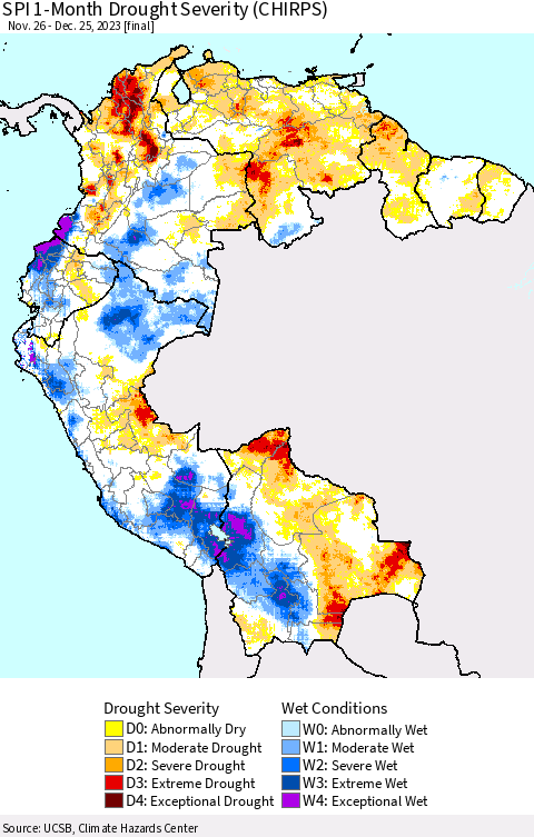 Northern South America SPI 1-Month Drought Severity (CHIRPS) Thematic Map For 11/26/2023 - 12/25/2023