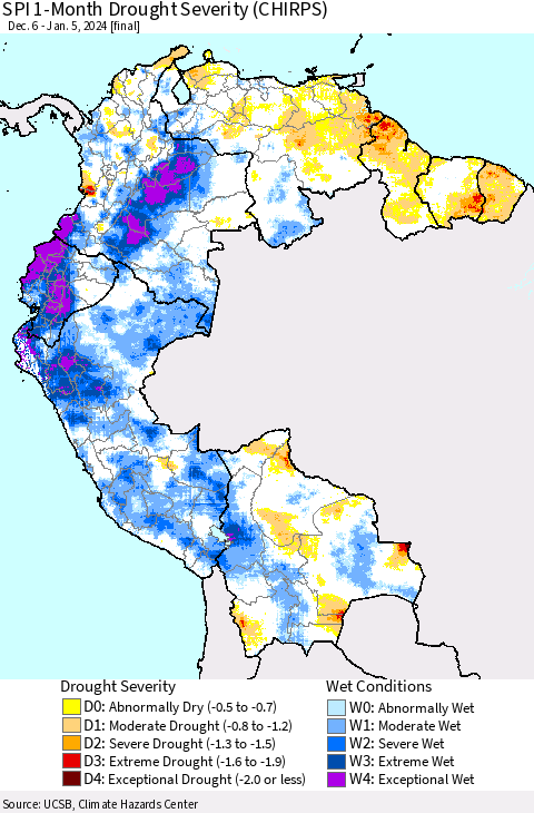 Northern South America SPI 1-Month Drought Severity (CHIRPS) Thematic Map For 12/6/2023 - 1/5/2024